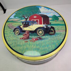 Metal Tin with 1920s-era roadster, Stutz Bearcat Car, Barn & Bear w cookies